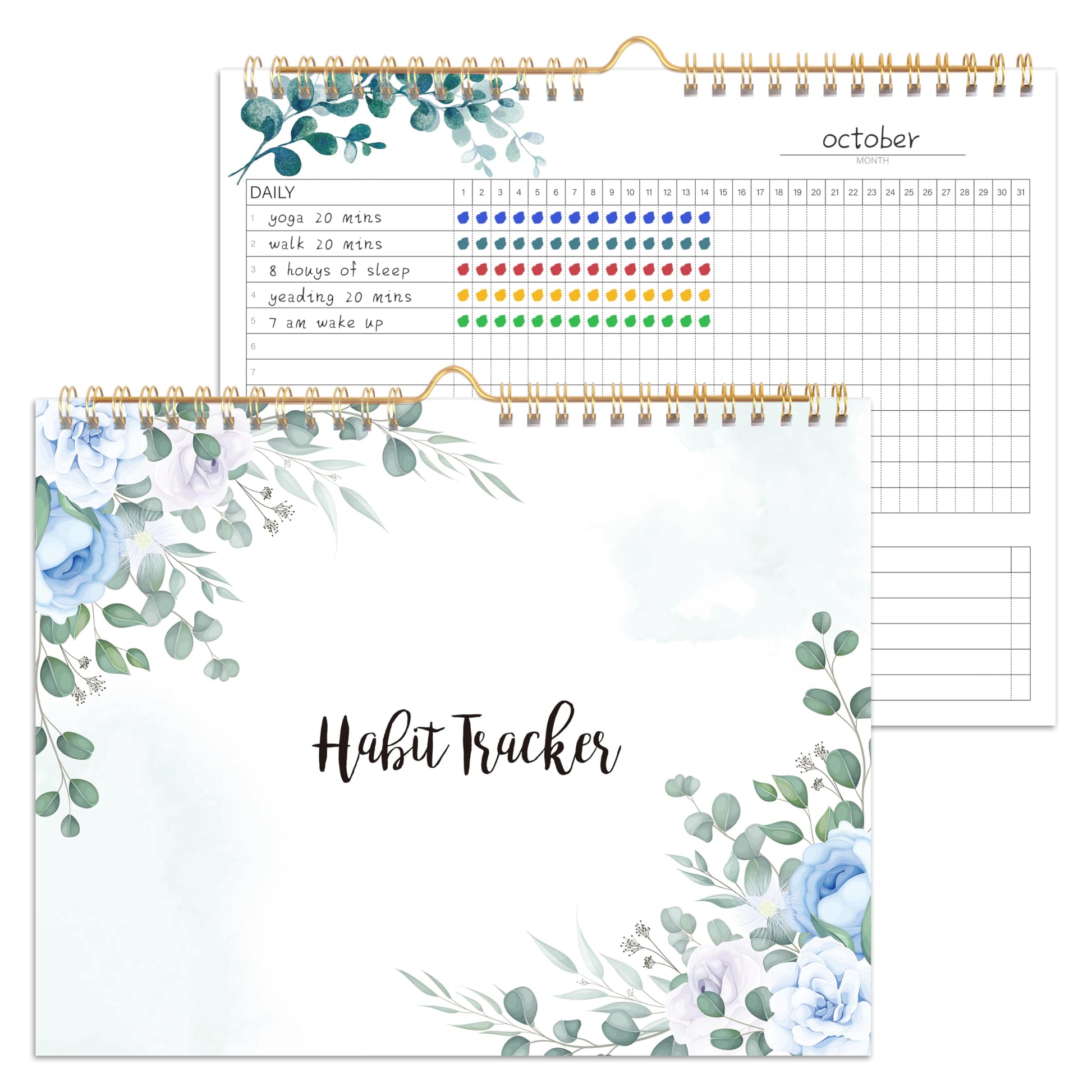 Habit Tracker Calendar- 12 Months Undated Daily Weekly & Monthly Period Habit Tracker Journal, Greenery Floral, Spiral Binding with Writable Goals Habits Track and Self Care Office Supplies. 8"x10" - My Store