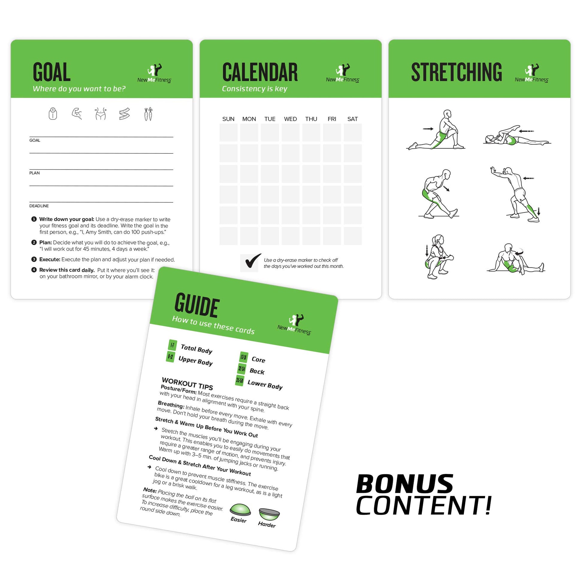 NewMe Fitness Stretching Workout Cards, Instructional Fitness Deck for Women & Men, Beginner Fitness Guide to Training Exercises at Home or Gym - My Store