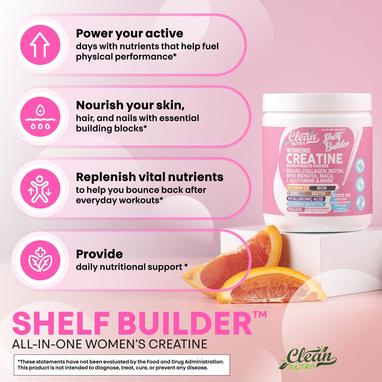 Creatine for Women | Creatine Monohydrate + BCAA Powder Myo-Inositol Collagen Biotin Hyaluronic Acid Folate L Glutamine Vitamin D3 Iron Zinc D-Chiro-Maca Digestion Shelf Builder by Clean Nutra - My Store