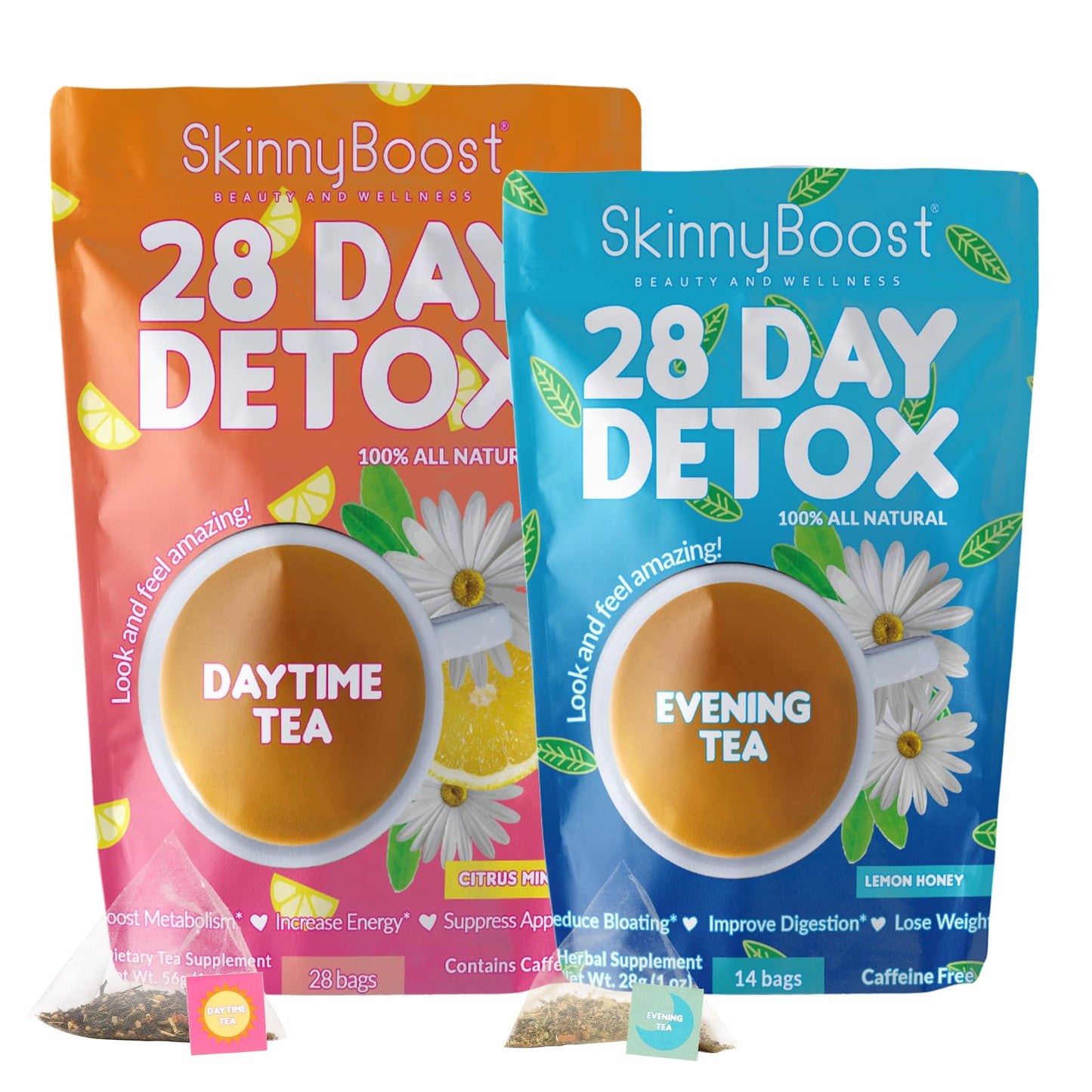 Skinny Boost Detox Tea Kit- 2 PACK –1 Daytime (28 Bags) + 1 Evening -(14 Bags) – Herbal Detox for Weight, Metabolism, Energy, Bloating & Colon Cleanse – Green Tea, Vegan, Keto, Non-GMO, Sugar-Free - My Store