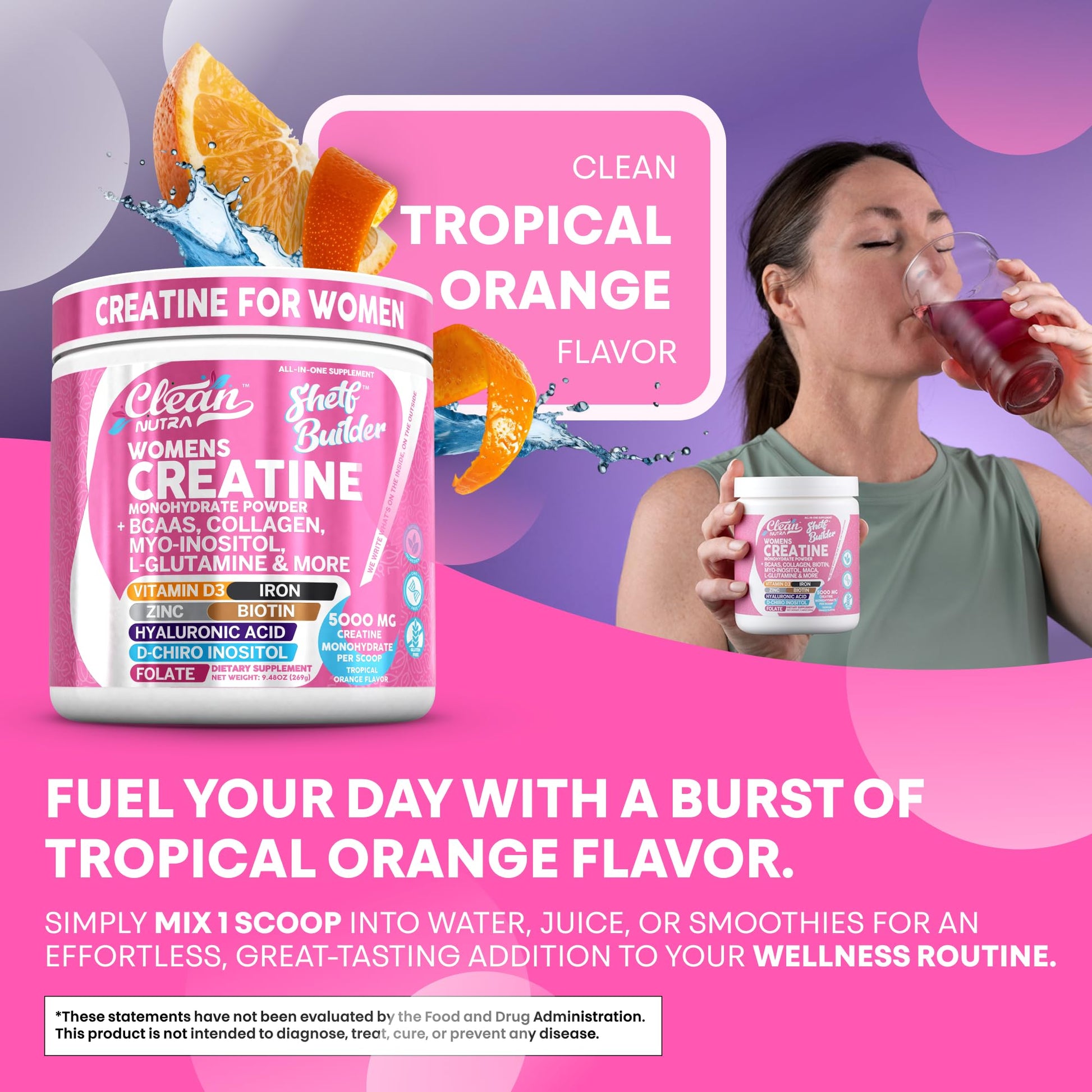 Creatine for Women | Creatine Monohydrate + BCAA Powder Myo-Inositol Collagen Biotin Hyaluronic Acid Folate L Glutamine Vitamin D3 Iron Zinc D-Chiro-Maca Digestion Shelf Builder by Clean Nutra - My Store