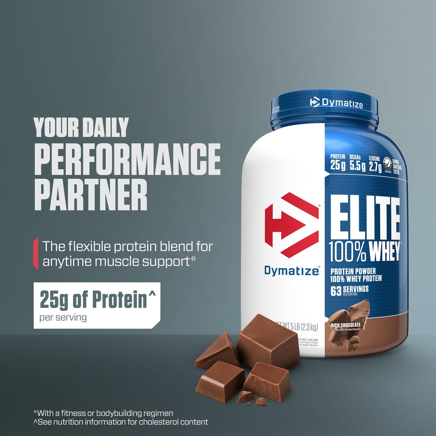 Dymatize Elite 100% Whey Protein Powder, Cookies & Cream, 25g of Protein, 5.5g BCAAs, Less Than 140 Cal., Gluten Free, 3g Carb, 2g Sugar, 3g Fat (25 Servings)