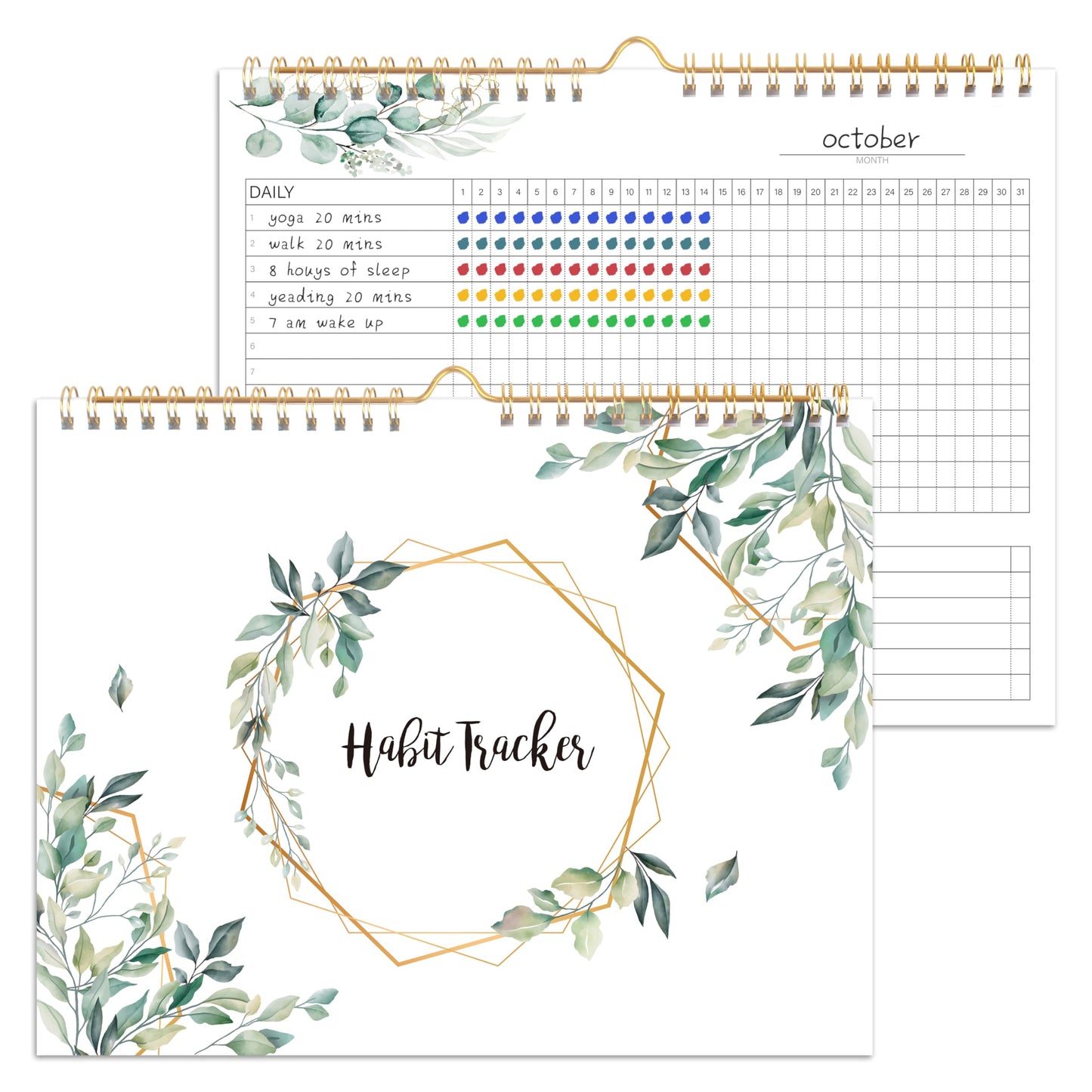Habit Tracker Calendar- 12 Months Undated Daily Weekly & Monthly Period Habit Tracker Journal, Greenery Floral, Spiral Binding with Writable Goals Habits Track and Self Care Office Supplies. 8"x10" - My Store