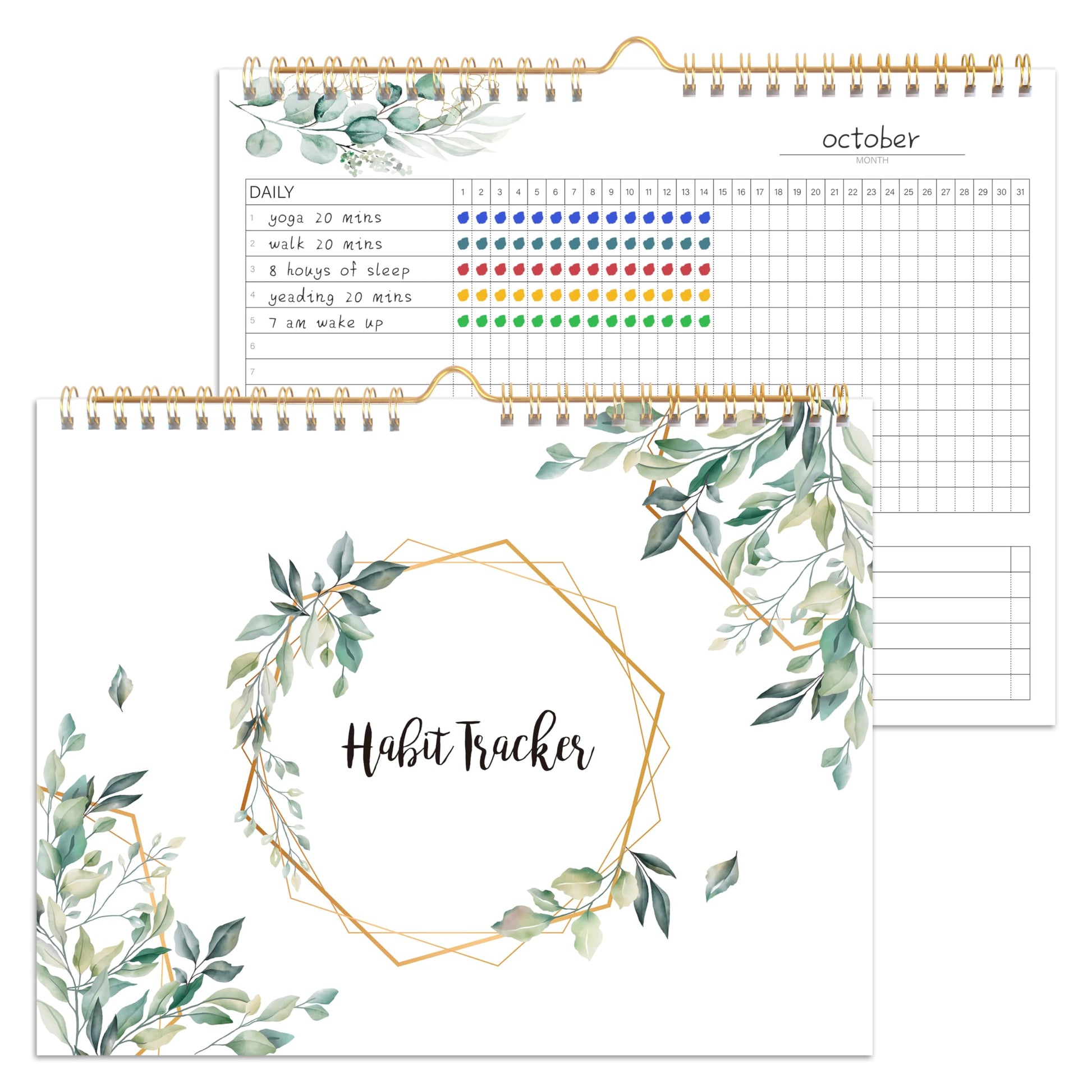 Habit Tracker Calendar- 12 Months Undated Daily Weekly & Monthly Period Habit Tracker Journal, Greenery Floral, Spiral Binding with Writable Goals Habits Track and Self Care Office Supplies. 8"x10" - My Store