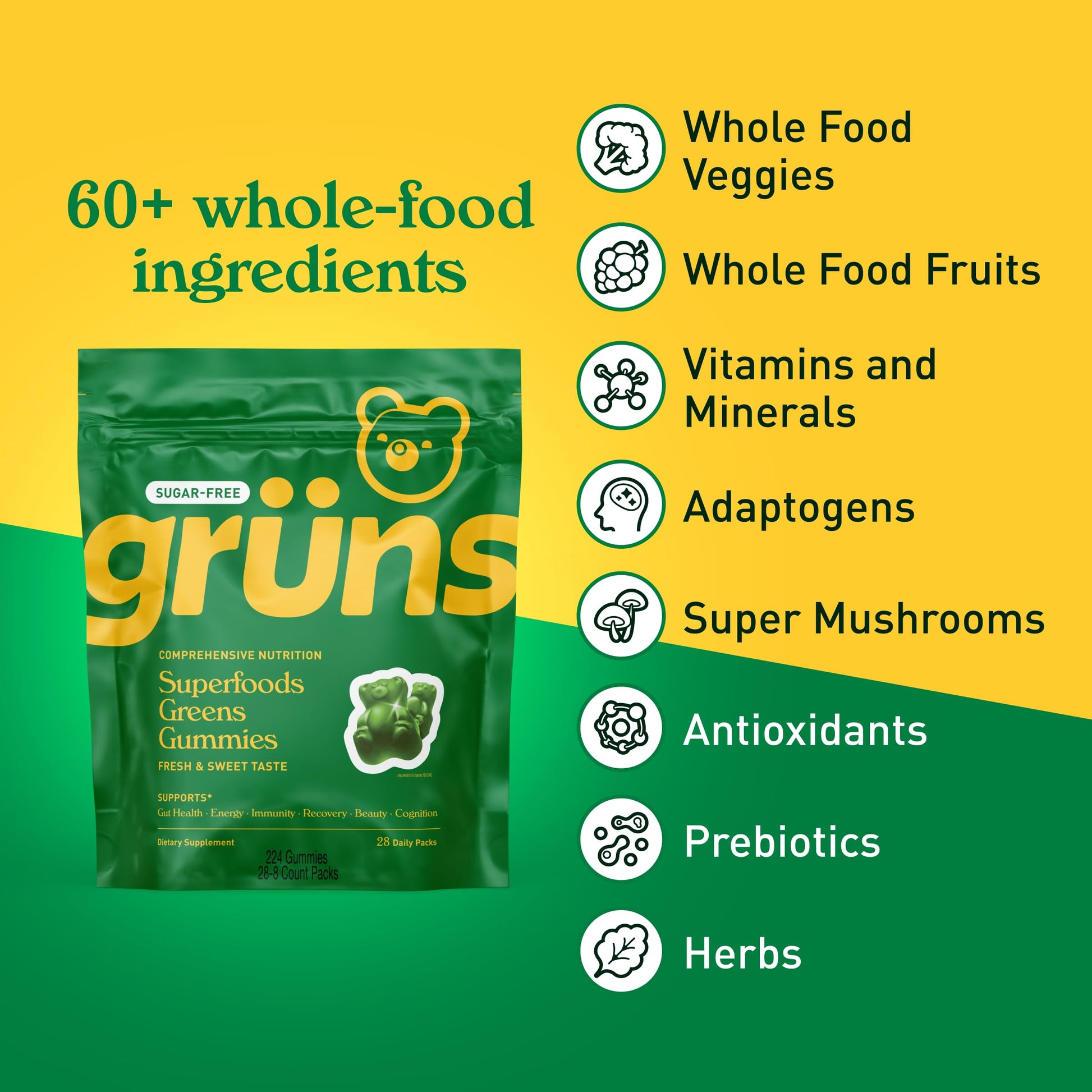 Gruns Adults Super Greens Gummies, Multivitamin Superfood Gummy Bears with Spirulina, Chlorella, Prebiotics & Fiber for Digestive Health, Adaptogens Supplement with 20 Vitamins & Minerals, 28 Count - My Store
