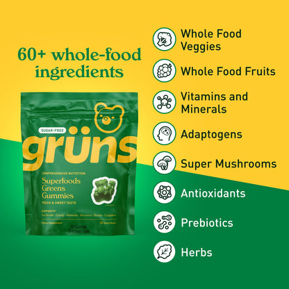Gruns Adults Super Greens Gummies, Multivitamin Superfood Gummy Bears with Spirulina, Chlorella, Prebiotics & Fiber for Digestive Health, Adaptogens Supplement with 20 Vitamins & Minerals, 28 Count - My Store