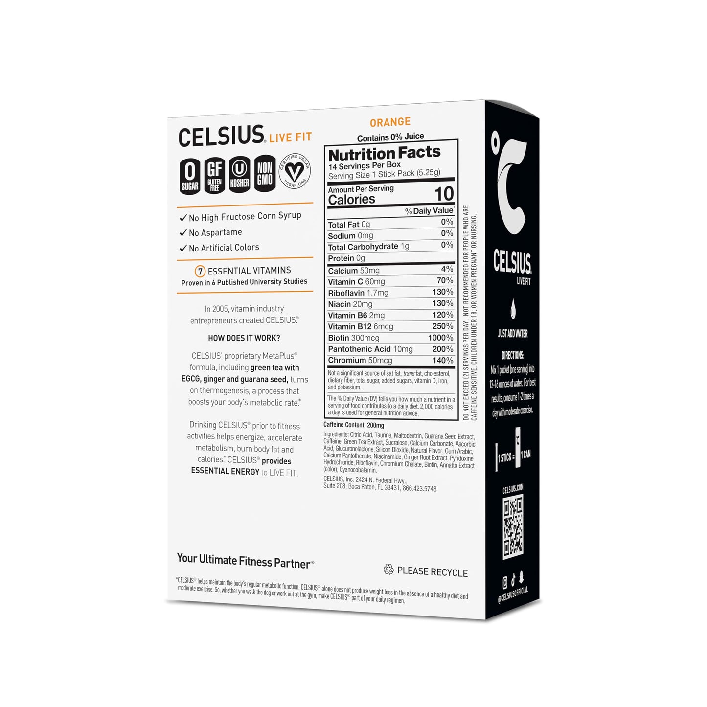 CELSIUS On-the-Go Powder Stick Zero Sugar (14 Sticks per Pack), Orange, 2.60 Oz