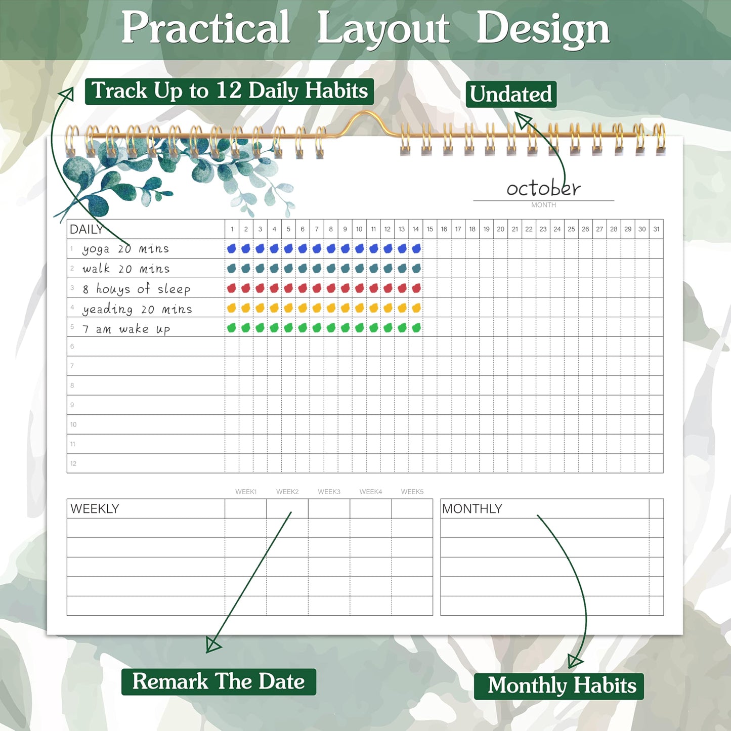 Habit Tracker Calendar- 12 Months Undated Daily Weekly & Monthly Period Habit Tracker Journal, Greenery Floral, Spiral Binding with Writable Goals Habits Track and Self Care Office Supplies. 8"x10" - My Store