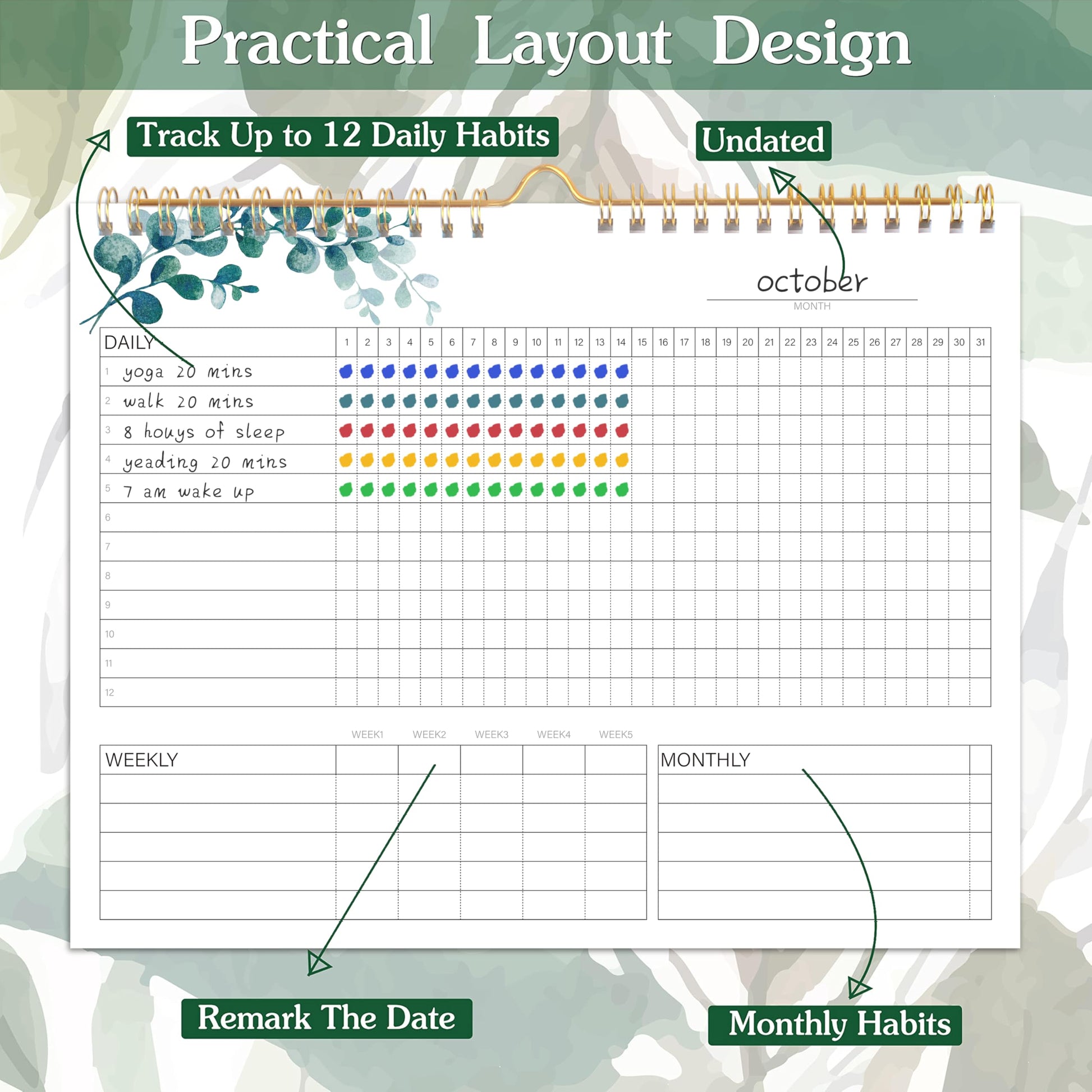 Habit Tracker Calendar- 12 Months Undated Daily Weekly & Monthly Period Habit Tracker Journal, Greenery Floral, Spiral Binding with Writable Goals Habits Track and Self Care Office Supplies. 8"x10" - My Store