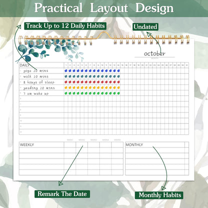 Habit Tracker Calendar- 12 Months Undated Daily Weekly & Monthly Period Habit Tracker Journal, Greenery Floral, Spiral Binding with Writable Goals Habits Track and Self Care Office Supplies. 8"x10" - My Store
