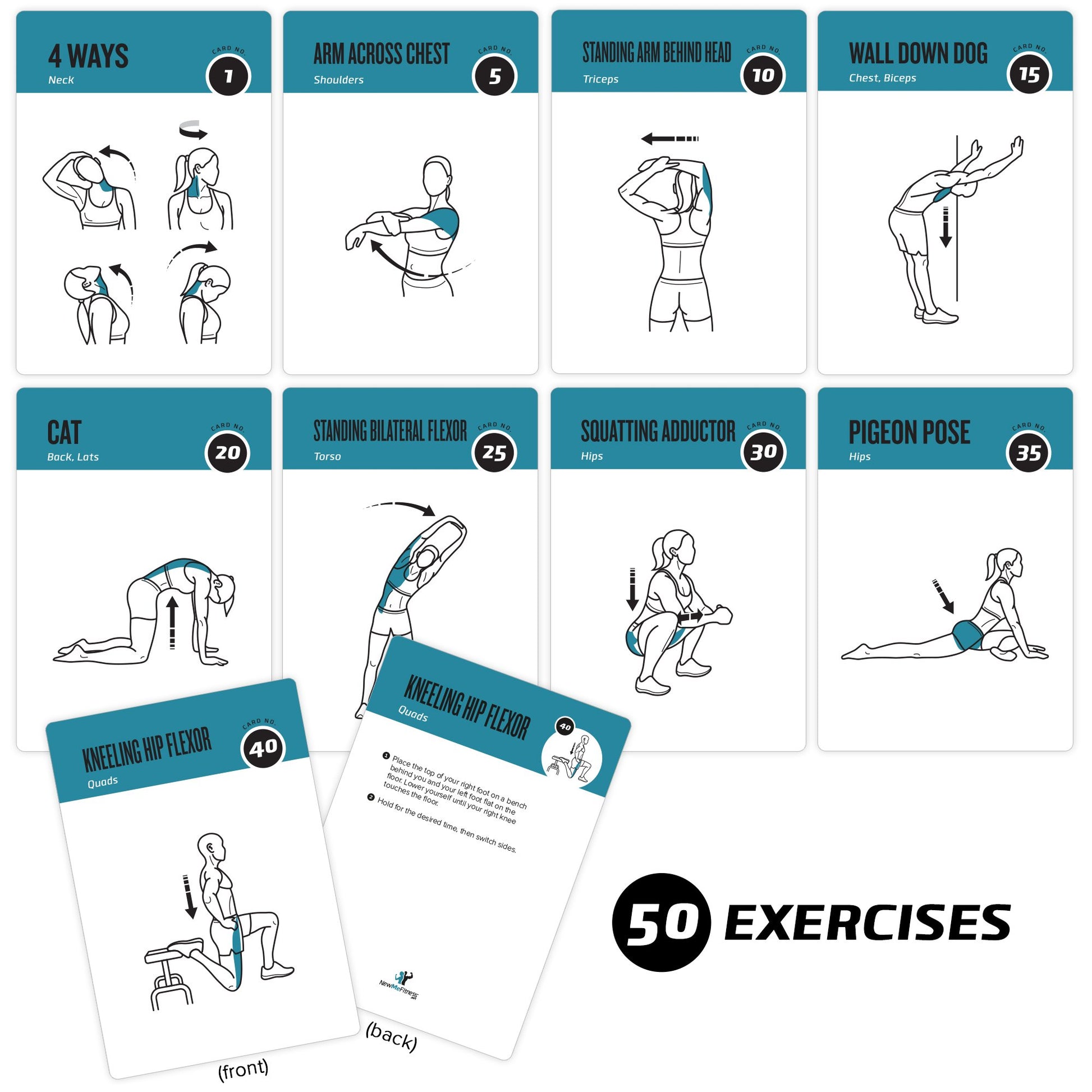 NewMe Fitness Stretching Workout Cards, Instructional Fitness Deck for Women & Men, Beginner Fitness Guide to Training Exercises at Home or Gym - My Store