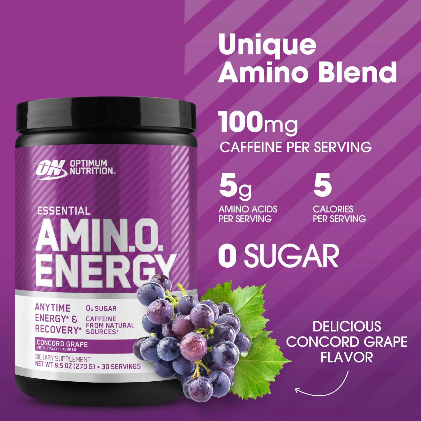 Optimum Nutrition Amino Energy - Pre Workout with Green Tea, BCAA, Amino Acids, Keto Friendly, Green Coffee Extract, Energy Powder - Concord Grape, 65 Servings (Packaging May Vary)