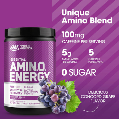 Optimum Nutrition Amino Energy - Pre Workout with Green Tea, BCAA, Amino Acids, Keto Friendly, Green Coffee Extract, Energy Powder - Concord Grape, 65 Servings (Packaging May Vary)