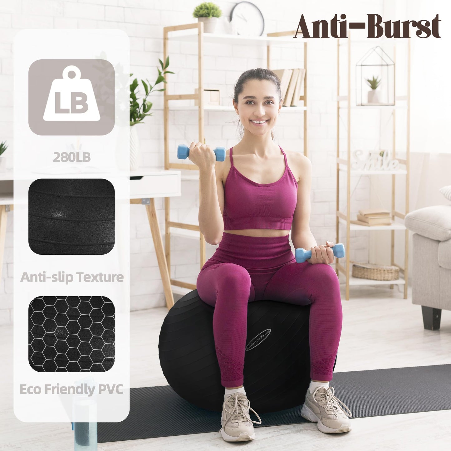 Anti-Burst and Slip Resistant Exercise Yoga Fitness Birthing Ball with Quick Pump, 2,000-Pound Capacity, Multiple Colors and Sizes - My Store