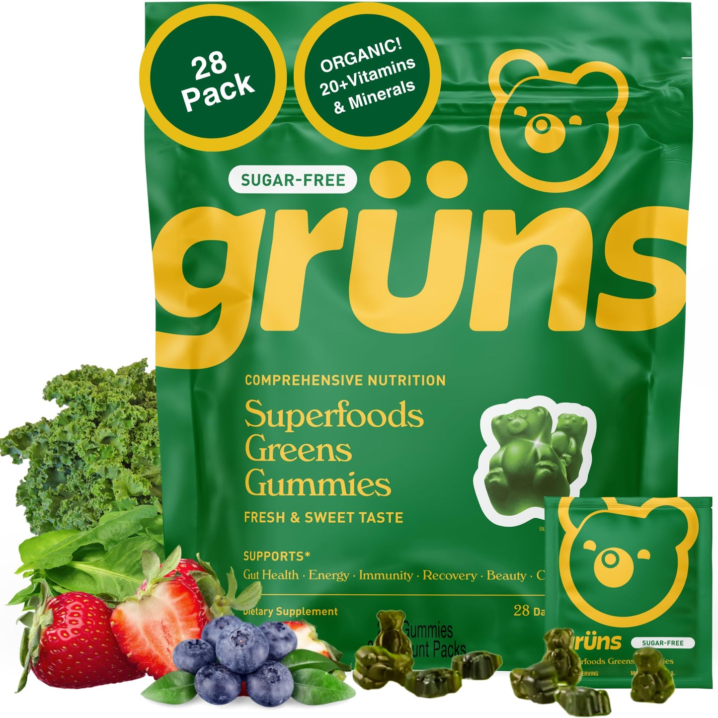 Gruns Adults Super Greens Gummies, Multivitamin Superfood Gummy Bears with Spirulina, Chlorella, Prebiotics & Fiber for Digestive Health, Adaptogens Supplement with 20 Vitamins & Minerals, 28 Count - My Store