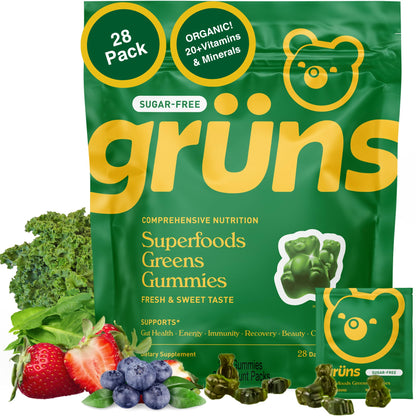 Gruns Adults Super Greens Gummies, Multivitamin Superfood Gummy Bears with Spirulina, Chlorella, Prebiotics & Fiber for Digestive Health, Adaptogens Supplement with 20 Vitamins & Minerals, 28 Count - My Store