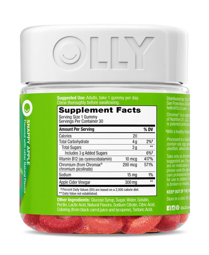 OLLY Metabolism Gummy Rings, Apple Cider Vinegar, Vitamin B12, Chromium, Energy and Digestive Health, Chewable Supplement, Apple Flavor - 30 Count