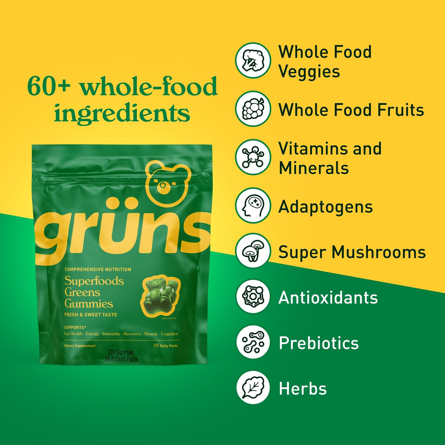 Gruns Adults Super Greens Gummies, Multivitamin Superfood Gummy Bears with Spirulina, Chlorella, Prebiotics & Fiber for Digestive Health, Adaptogens Supplement with 20 Vitamins & Minerals, 28 Count - My Store