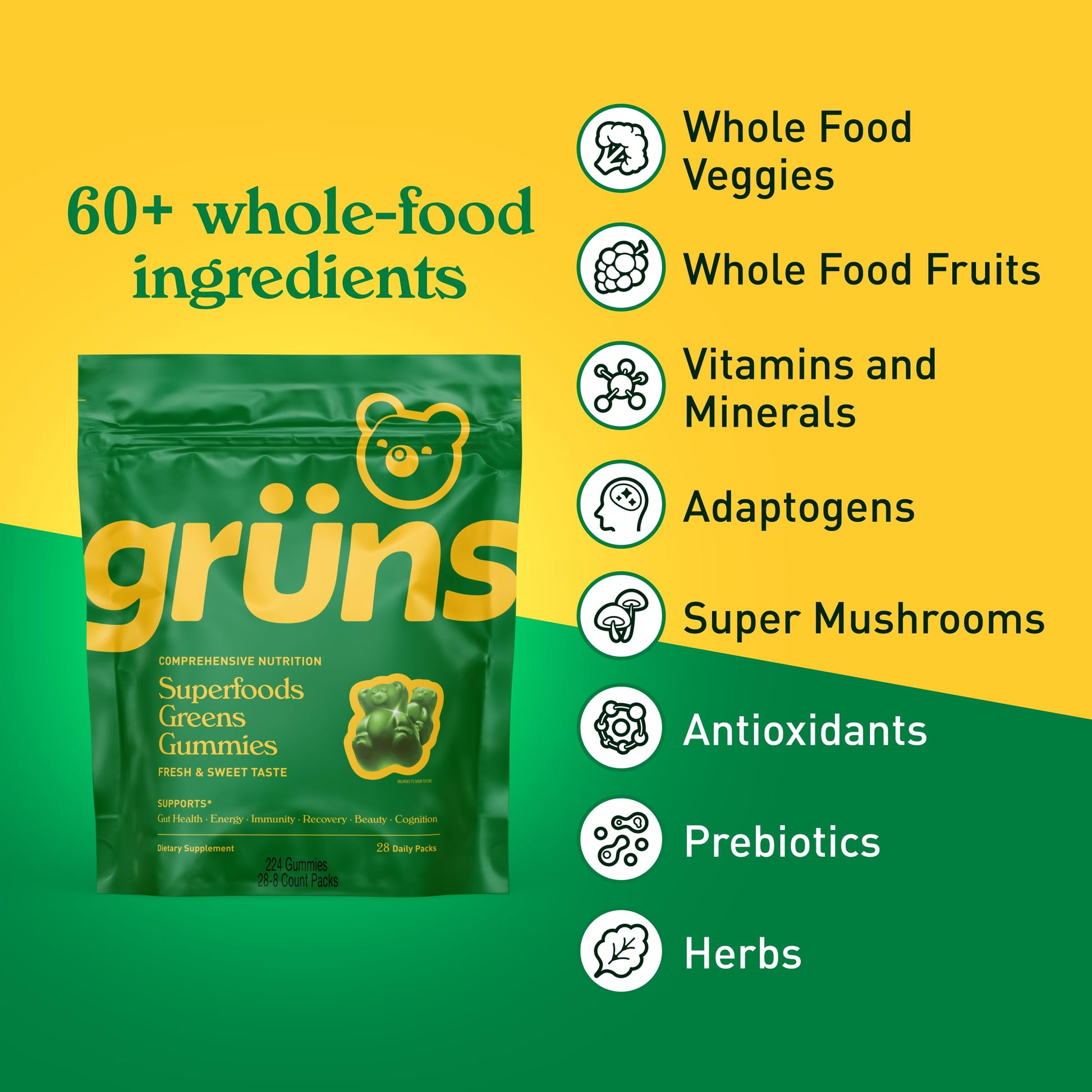 Gruns Adults Super Greens Gummies, Multivitamin Superfood Gummy Bears with Spirulina, Chlorella, Prebiotics & Fiber for Digestive Health, Adaptogens Supplement with 20 Vitamins & Minerals, 28 Count - My Store