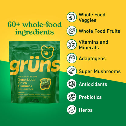 Gruns Adults Super Greens Gummies, Multivitamin Superfood Gummy Bears with Spirulina, Chlorella, Prebiotics & Fiber for Digestive Health, Adaptogens Supplement with 20 Vitamins & Minerals, 28 Count - My Store