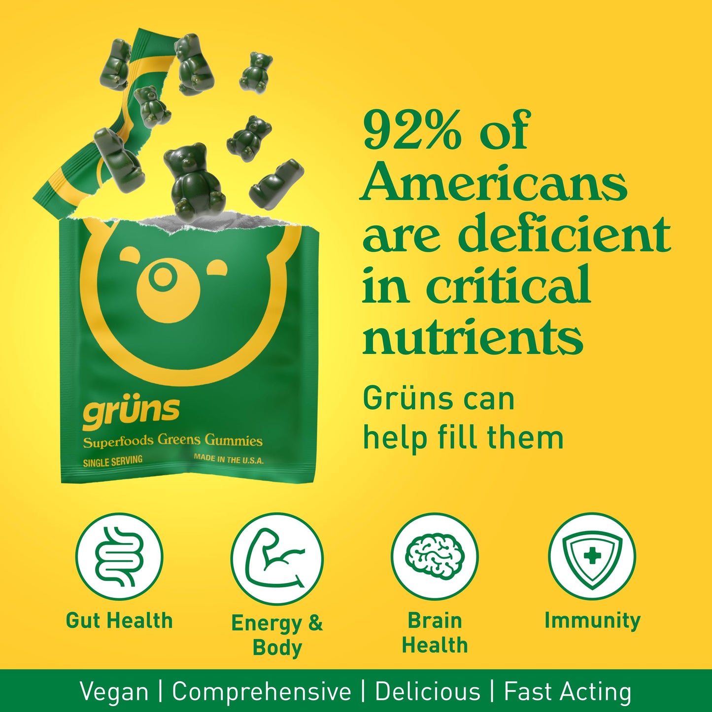 Gruns Adults Super Greens Gummies, Multivitamin Superfood Gummy Bears with Spirulina, Chlorella, Prebiotics & Fiber for Digestive Health, Adaptogens Supplement with 20 Vitamins & Minerals, 28 Count - My Store