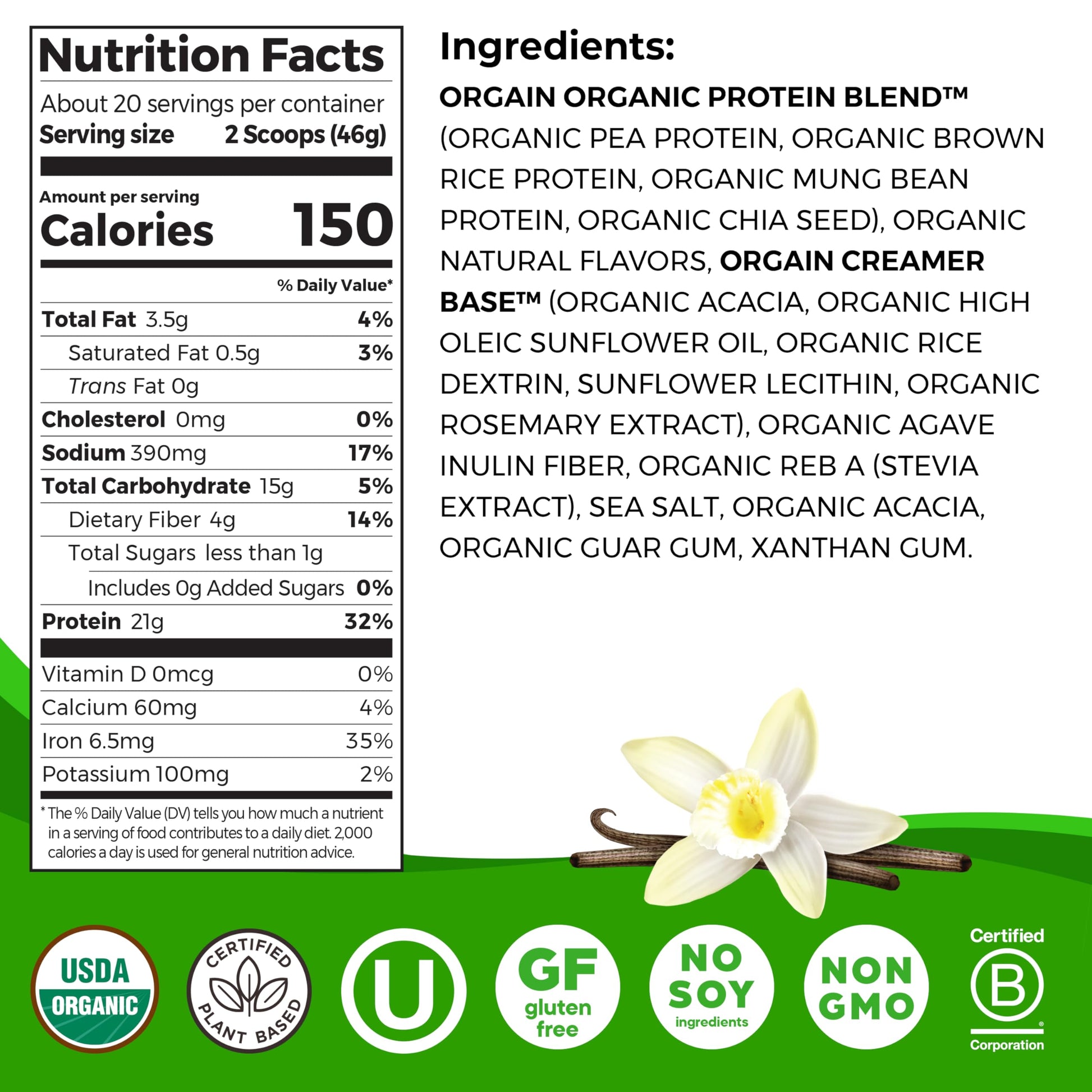Orgain Organic Vegan Protein Powder, Vanilla Bean - 21g Plant Protein, 4g Prebiotic Fiber, No Lactose Ingredients, No Added Sugar, Non-GMO, For Shakes & Smoothies, 2.03 lb (Packaging May Vary) - My Store