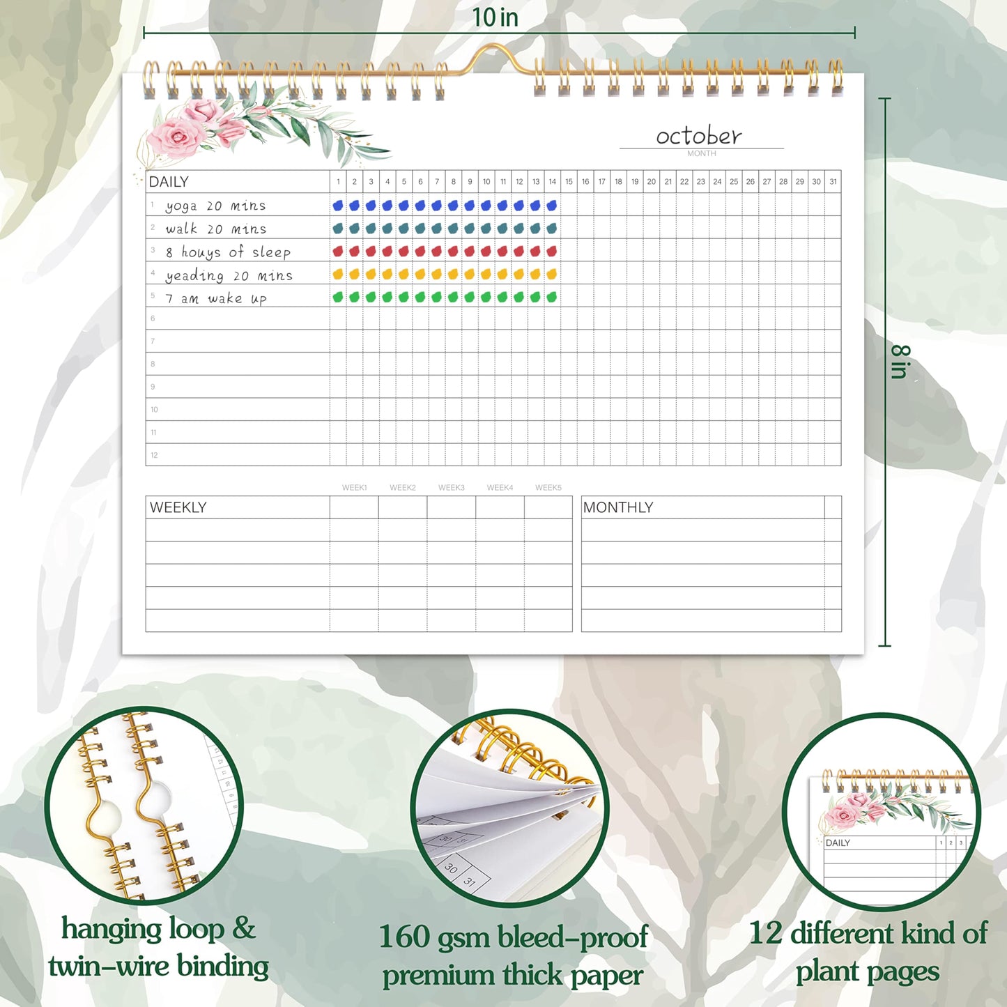 Habit Tracker Calendar- 12 Months Undated Daily Weekly & Monthly Period Habit Tracker Journal, Greenery Floral, Spiral Binding with Writable Goals Habits Track and Self Care Office Supplies. 8"x10" - My Store