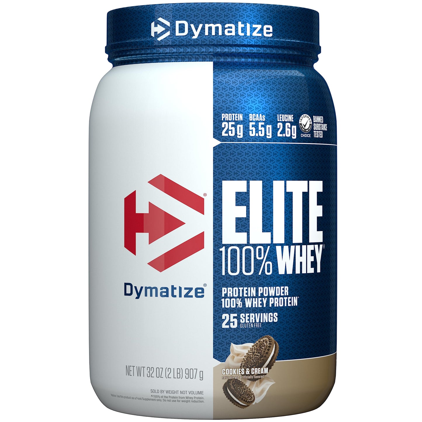 Dymatize Elite 100% Whey Protein Powder, Cookies & Cream, 25g of Protein, 5.5g BCAAs, Less Than 140 Cal., Gluten Free, 3g Carb, 2g Sugar, 3g Fat (25 Servings)