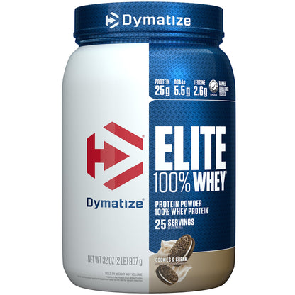 Dymatize Elite 100% Whey Protein Powder, Cookies & Cream, 25g of Protein, 5.5g BCAAs, Less Than 140 Cal., Gluten Free, 3g Carb, 2g Sugar, 3g Fat (25 Servings)