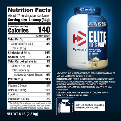 Dymatize Elite 100% Whey Protein Powder, Cookies & Cream, 25g of Protein, 5.5g BCAAs, Less Than 140 Cal., Gluten Free, 3g Carb, 2g Sugar, 3g Fat (25 Servings)