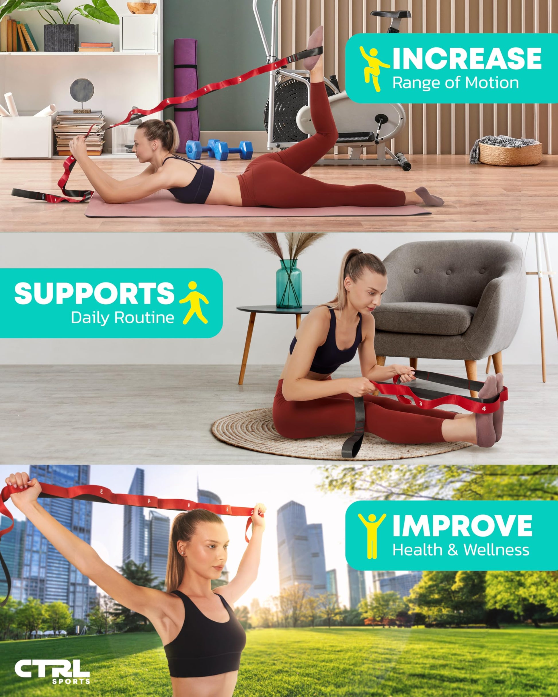 Stretching Strap with Loops - Non Elastic Stretch Band for Physical Therapy, Yoga Strap for Stretching Equipment, Stretch Bands for Exercise and Flexibility - Fascia, Hamstring & Leg Stretcher Belt - My Store