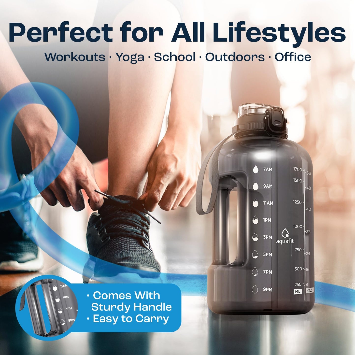 AQUAFIT 1 Gallon Water Bottle with Time Marker - Straw & Chug Lid - BPA Free Gym Water Bottle with Straw - Big Gallon Jug (Gray, 128 oz - 2 Lids) - My Store