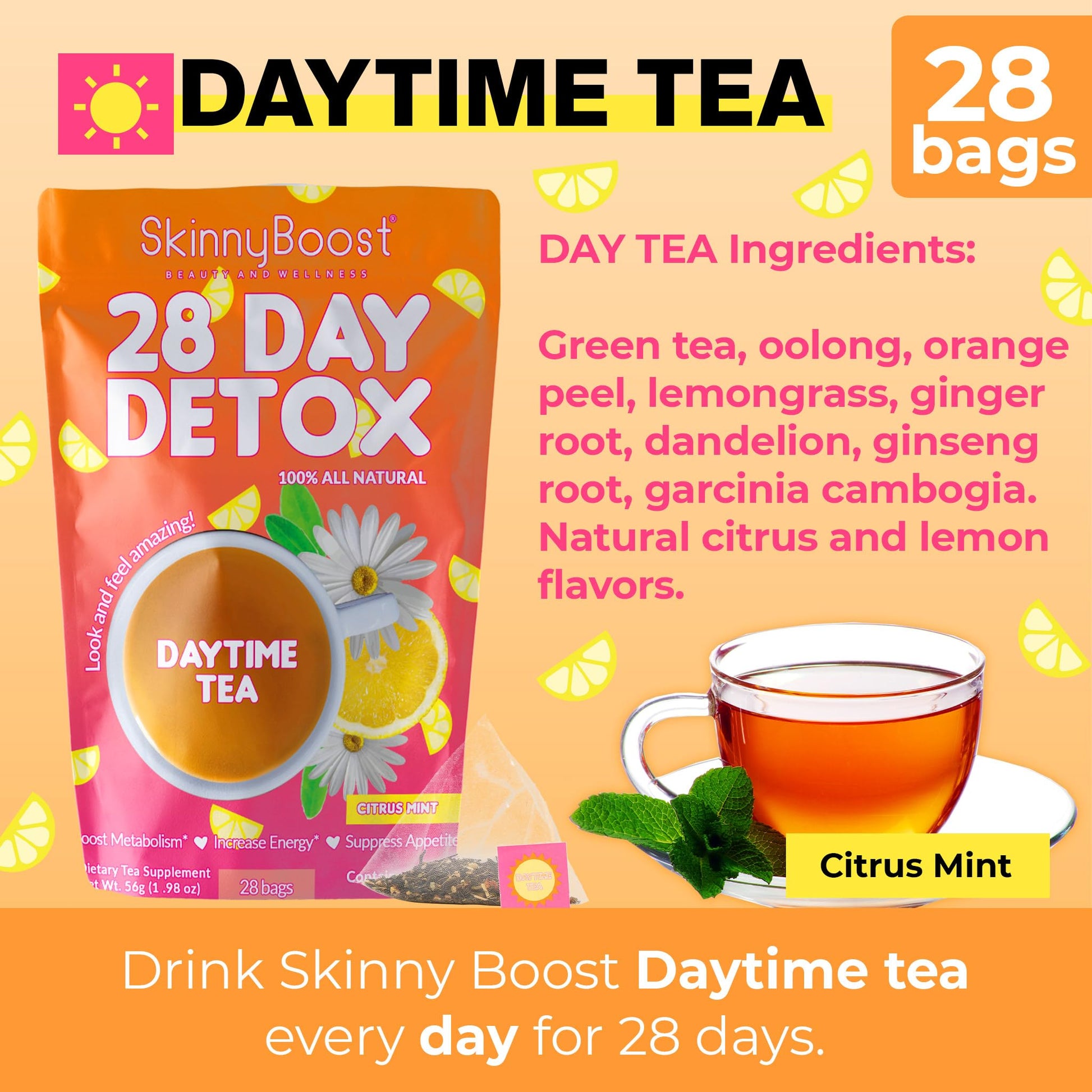 Skinny Boost Detox Tea Kit- 2 PACK –1 Daytime (28 Bags) + 1 Evening -(14 Bags) – Herbal Detox for Weight, Metabolism, Energy, Bloating & Colon Cleanse – Green Tea, Vegan, Keto, Non-GMO, Sugar-Free - My Store