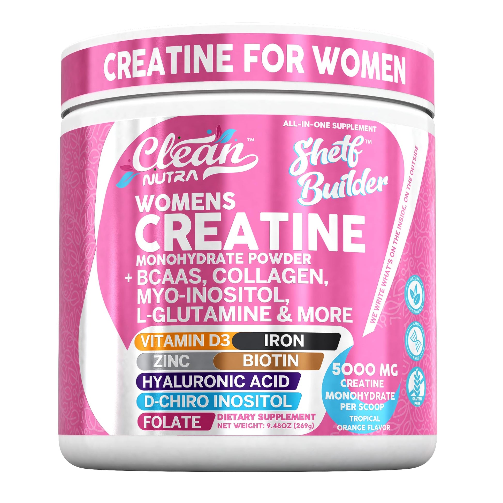 Creatine for Women | Creatine Monohydrate + BCAA Powder Myo-Inositol Collagen Biotin Hyaluronic Acid Folate L Glutamine Vitamin D3 Iron Zinc D-Chiro-Maca Digestion Shelf Builder by Clean Nutra - My Store