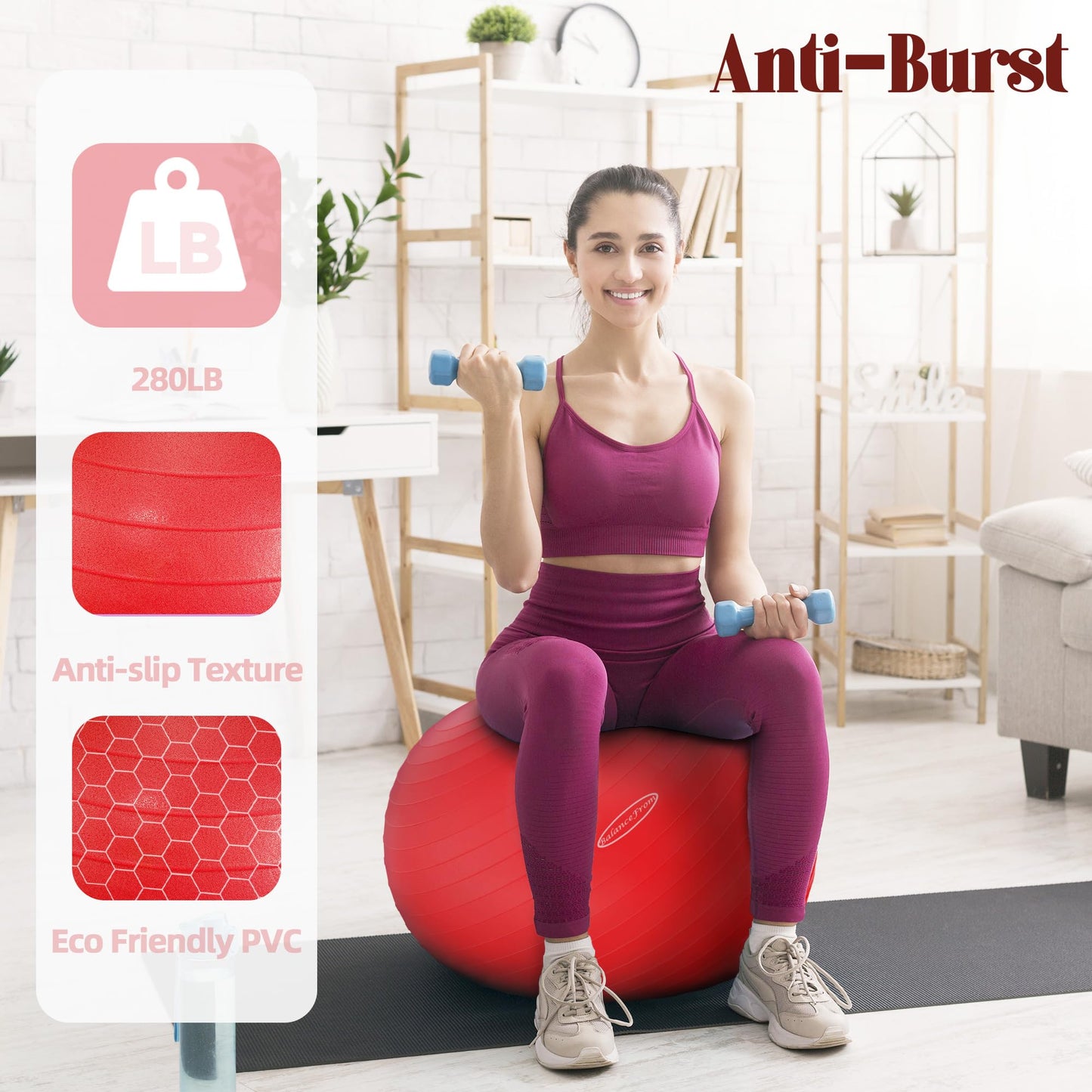Anti-Burst and Slip Resistant Exercise Yoga Fitness Birthing Ball with Quick Pump, 2,000-Pound Capacity, Multiple Colors and Sizes - My Store