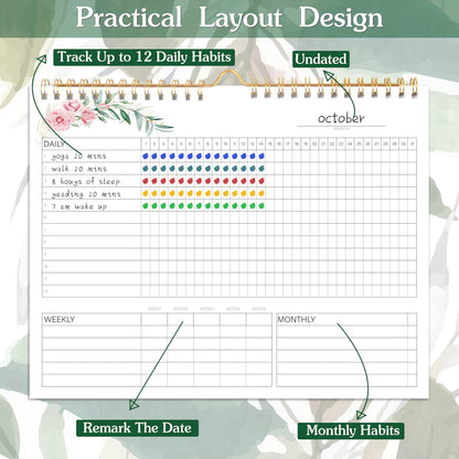 Habit Tracker Calendar- 12 Months Undated Daily Weekly & Monthly Period Habit Tracker Journal, Greenery Floral, Spiral Binding with Writable Goals Habits Track and Self Care Office Supplies. 8"x10" - My Store
