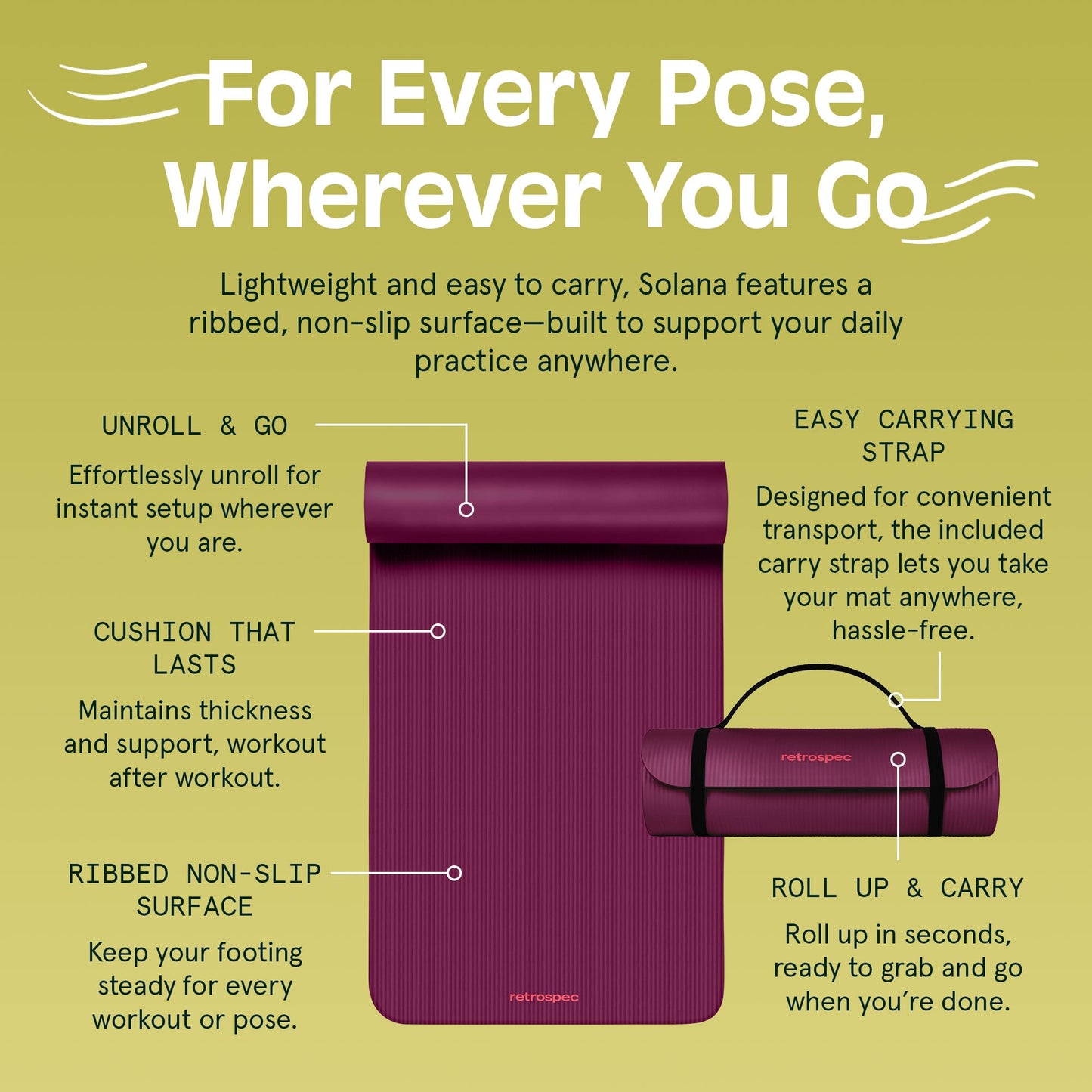 Retrospec Solana Yoga Mat 1" Thick With Nylon Strap For Men & Women - Non Slip Exercise Mat For Home Yoga, Pilates, Stretching, Floor & Fitness Workouts - My Store