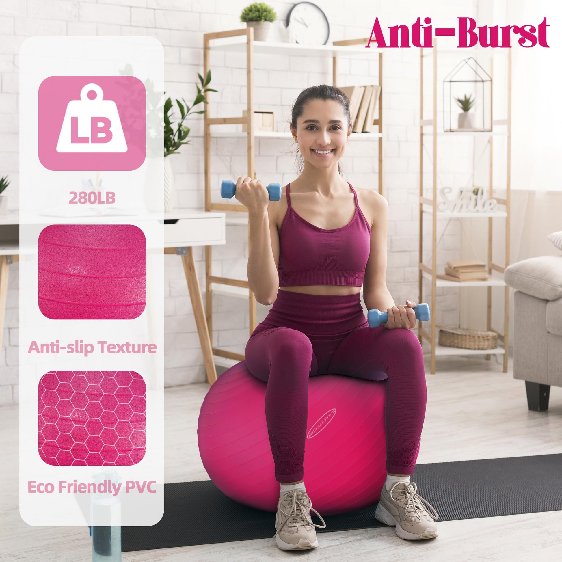 Anti-Burst and Slip Resistant Exercise Yoga Fitness Birthing Ball with Quick Pump, 2,000-Pound Capacity, Multiple Colors and Sizes - My Store