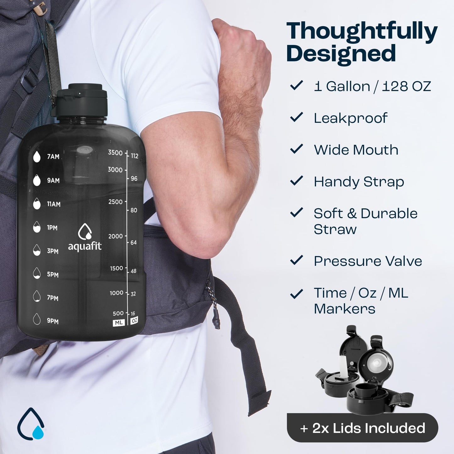AQUAFIT 1 Gallon Water Bottle with Time Marker - Straw & Chug Lid - BPA Free Gym Water Bottle with Straw - Big Gallon Jug (Gray, 128 oz - 2 Lids) - My Store
