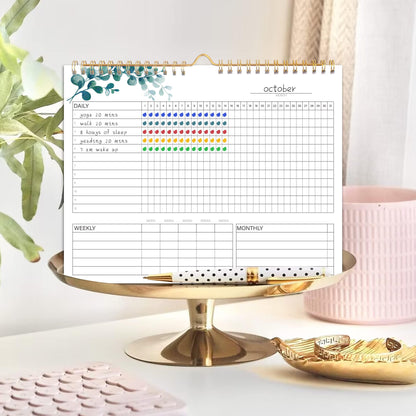 Habit Tracker Calendar- 12 Months Undated Daily Weekly & Monthly Period Habit Tracker Journal, Greenery Floral, Spiral Binding with Writable Goals Habits Track and Self Care Office Supplies. 8"x10" - My Store