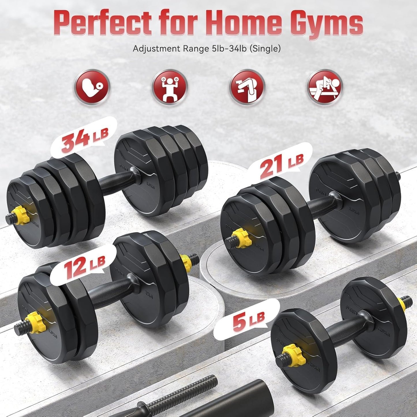 FEIERDUN Adjustable Dumbbells, 20/30/40/45/70/90lbs Free Weight Set with Connector, 5 in1 Dumbbells Set Used as Barbell, Kettlebells, Push up Stand, Weight Plate, Fitness Exercises for Home Gym Suitable Men/Women - My Store
