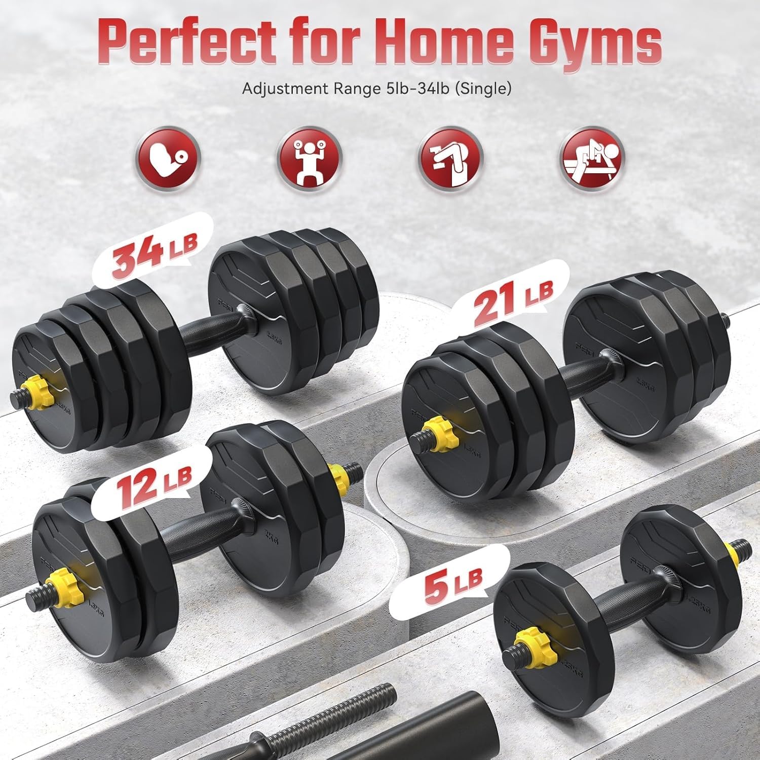 FEIERDUN Adjustable Dumbbells, 20/30/40/45/70/90lbs Free Weight Set with Connector, 5 in1 Dumbbells Set Used as Barbell, Kettlebells, Push up Stand, Weight Plate, Fitness Exercises for Home Gym Suitable Men/Women - My Store