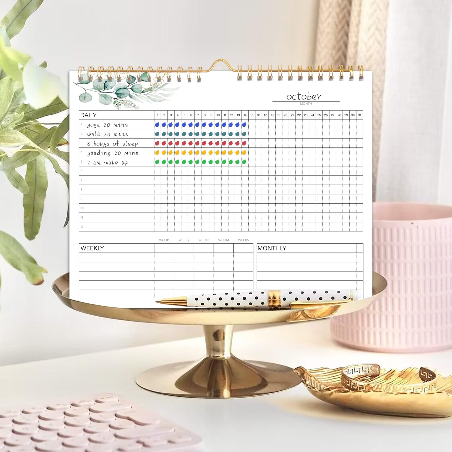 Habit Tracker Calendar- 12 Months Undated Daily Weekly & Monthly Period Habit Tracker Journal, Greenery Floral, Spiral Binding with Writable Goals Habits Track and Self Care Office Supplies. 8"x10" - My Store