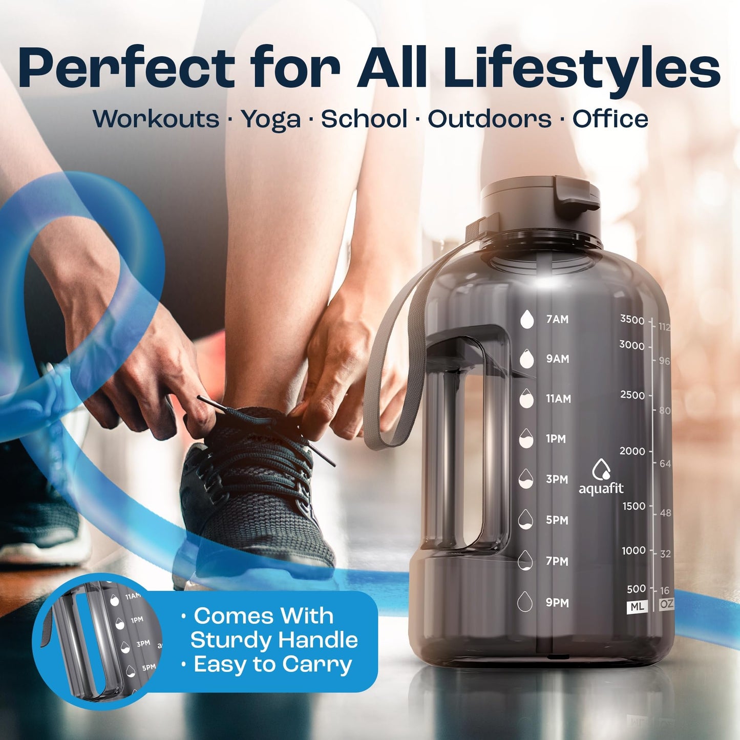AQUAFIT 1 Gallon Water Bottle with Time Marker - Straw & Chug Lid - BPA Free Gym Water Bottle with Straw - Big Gallon Jug (Gray, 128 oz - 2 Lids) - My Store