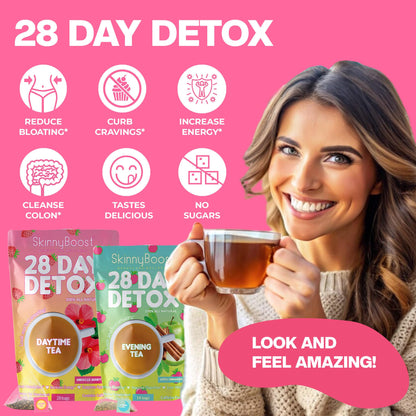 Skinny Boost Detox Tea Kit- 2 PACK –1 Daytime (28 Bags) + 1 Evening -(14 Bags) – Herbal Detox for Weight, Metabolism, Energy, Bloating & Colon Cleanse – Green Tea, Vegan, Keto, Non-GMO, Sugar-Free - My Store