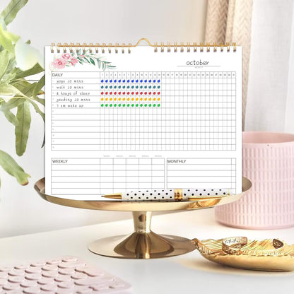 Habit Tracker Calendar- 12 Months Undated Daily Weekly & Monthly Period Habit Tracker Journal, Greenery Floral, Spiral Binding with Writable Goals Habits Track and Self Care Office Supplies. 8"x10" - My Store