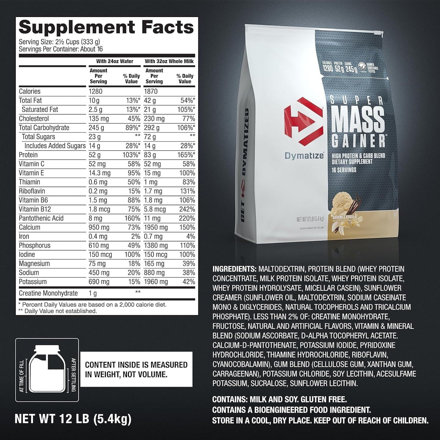 Dymatize Super Mass Gainer Protein Powder, Gourmet Vanilla, 52g Protein, 1g Creatine, 1280 Calories, 10.7g BCAAs, 245g Carbs, Contains Whey Protein Powder, Isolate, and Casein (8 Servings)