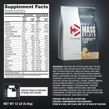 Dymatize Super Mass Gainer Protein Powder, Gourmet Vanilla, 52g Protein, 1g Creatine, 1280 Calories, 10.7g BCAAs, 245g Carbs, Contains Whey Protein Powder, Isolate, and Casein (8 Servings)