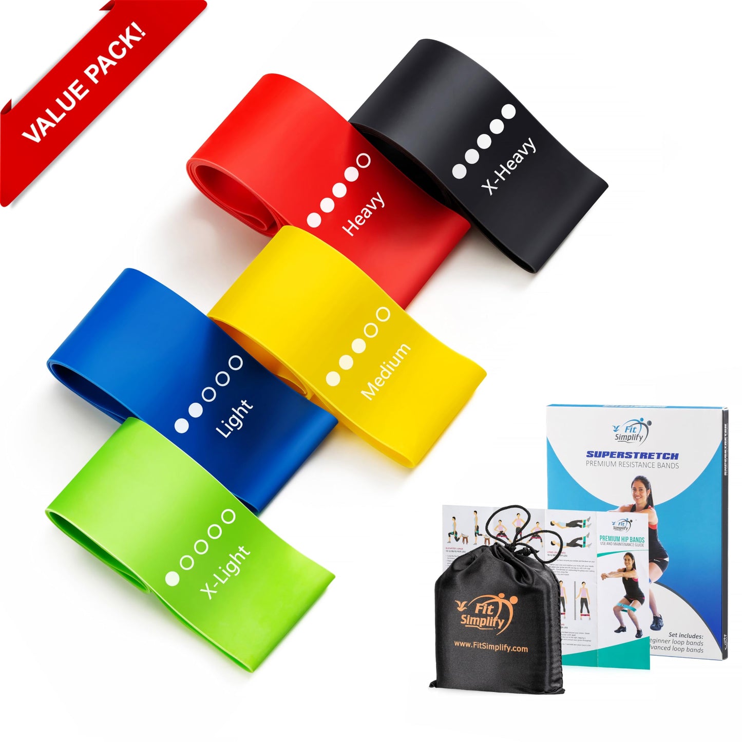 Fit Simplify Resistance Loop Exercise Bands with Instruction Guide and Carry Bag, Set of 5 - My Store
