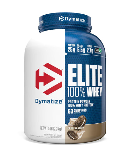 Dymatize Elite 100% Whey Protein Powder, Cookies & Cream, 25g of Protein, 5.5g BCAAs, Less Than 140 Cal., Gluten Free, 3g Carb, 2g Sugar, 3g Fat (25 Servings)